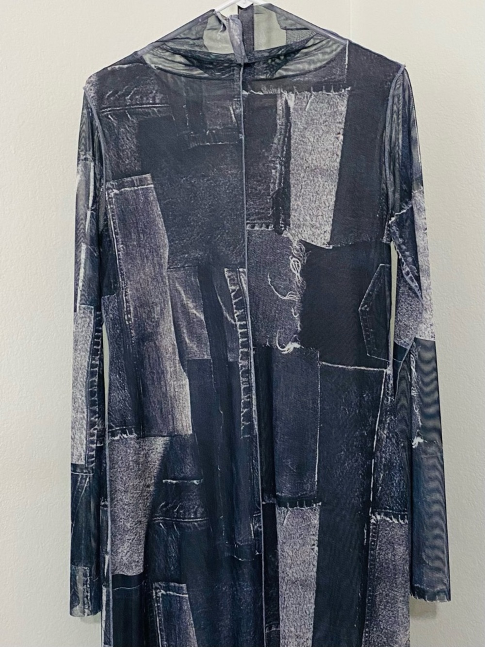 Zara Patchwork Tulle Mesh Sheer Midi Maxi Dress Gray Blue Denim Look Size XL - Picture 11 of 15